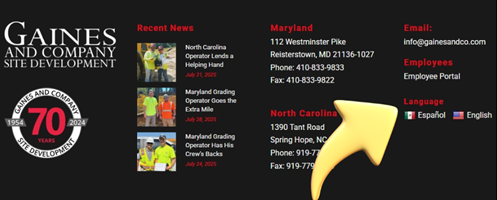 Footer of Gaines and Company’s website with arrow pointing to Spanish and English language options